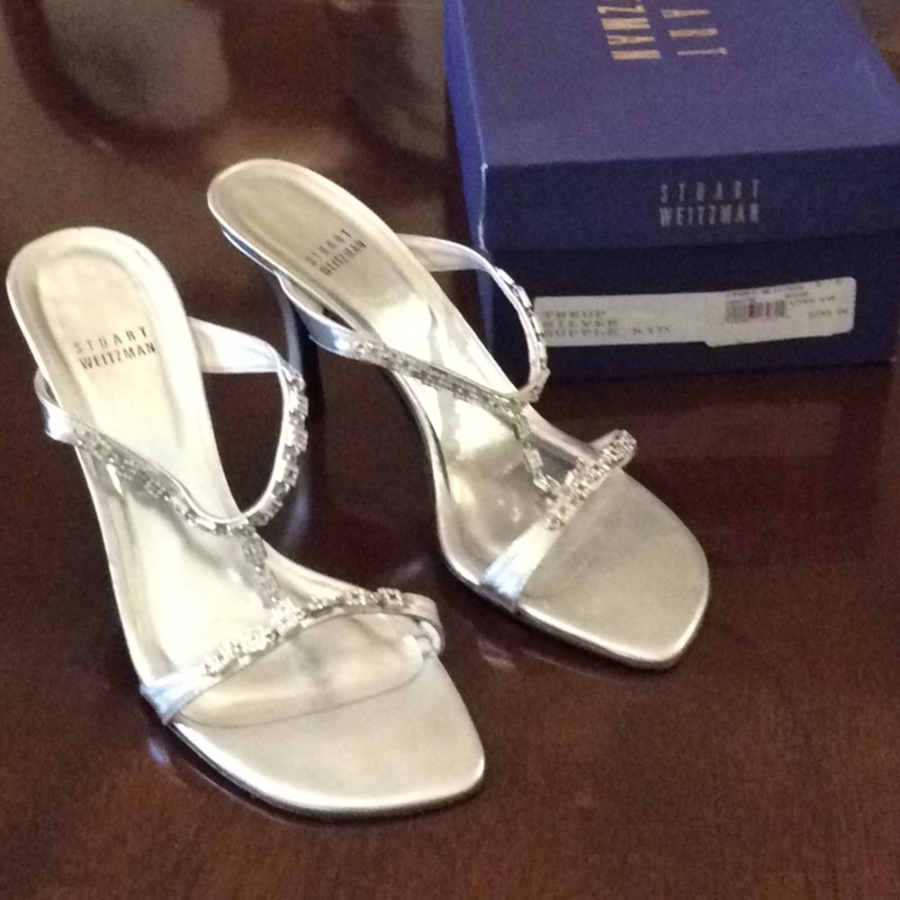 Silver Stuart Weitzman Embellished T-Strap Sandals